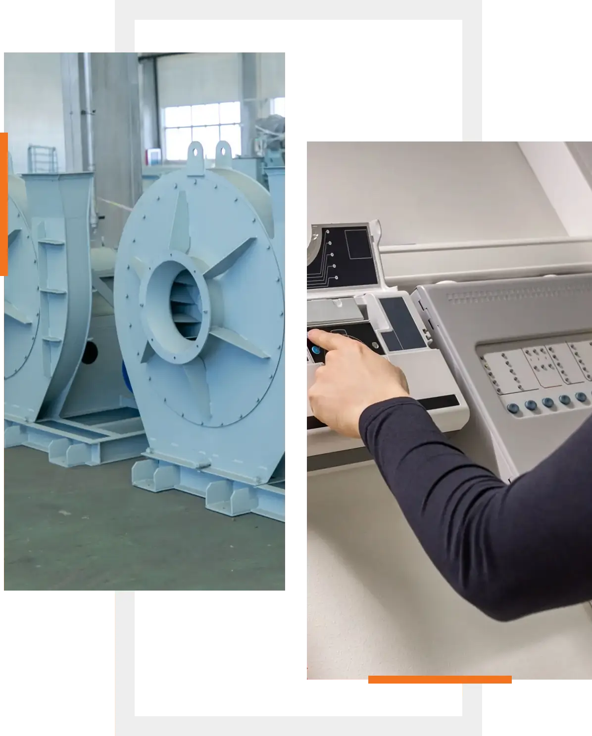 Industrial fans in a factory and a person operating a control panel.