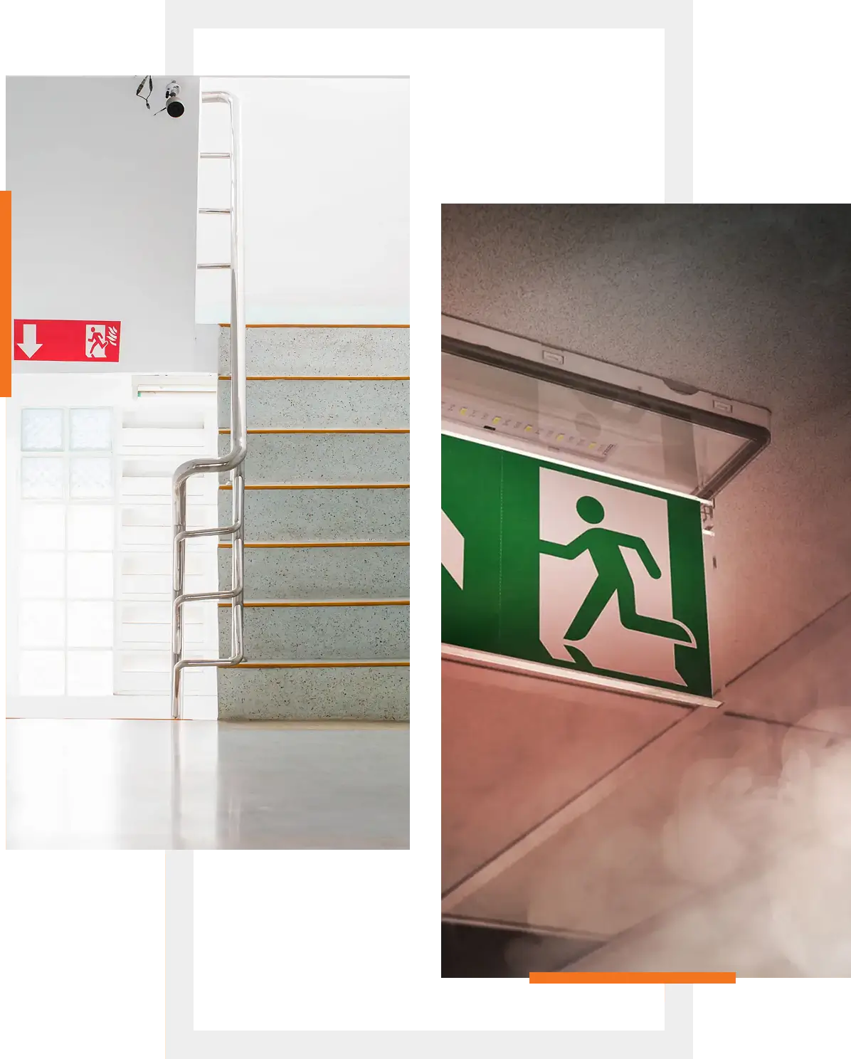A green emergency exit sign above a staircase in a building.