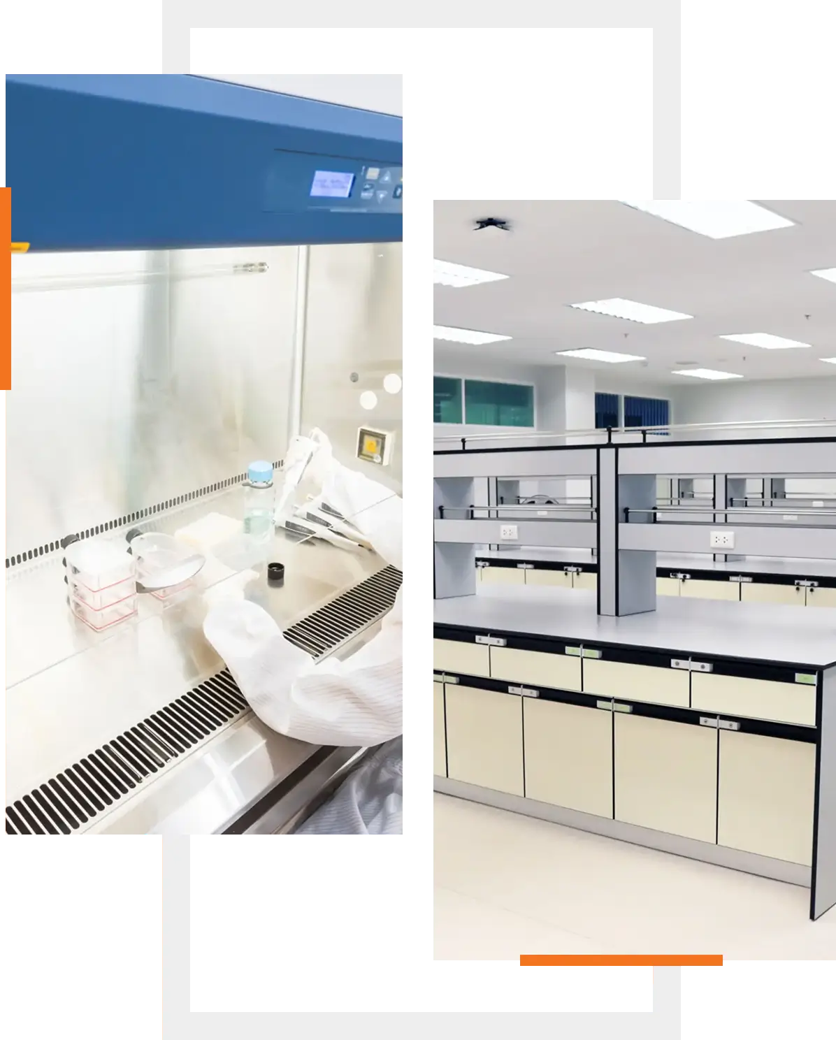 Two modern laboratory workspaces with clean, organized setups.