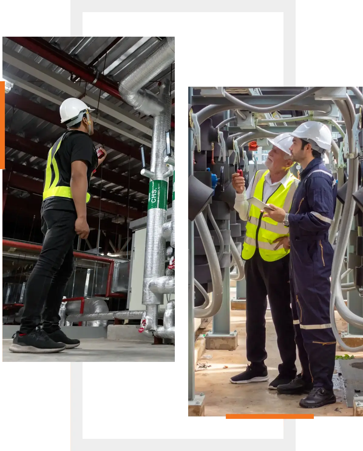 Two engineers inspecting piping systems in an industrial facility.